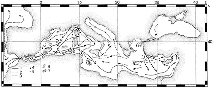 Direction gnrale des courants principaux pour la zone Mer Mditerrane, Mer Noire (sans tenir compte des fluctuations saisonnires)