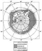 Antarctic Ocean showing the average and absolute maximum and minimum seasonal ice cover (modified from Maykut, 1985)