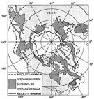 Arctic Ocean showing the average and absolute maximum and minimum seasonal ice cover (modified from Maykut, 1985)