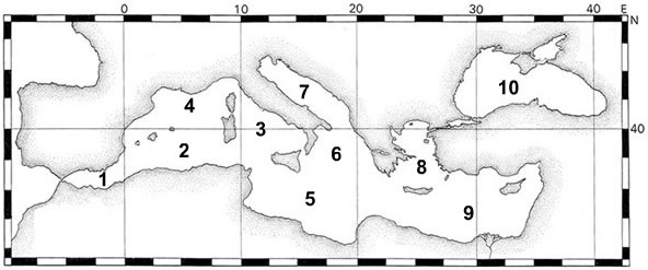 Carte des 10 sous-zones géographiques pour la zone Mer Méditerranée, Mer Noire