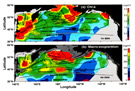 Average summer season distributions of upper ocean chlorophyll concentration (upper panel) and zooplankton biomass (lower panel) in the subarctic Pacific, overlaid with circulation pattern